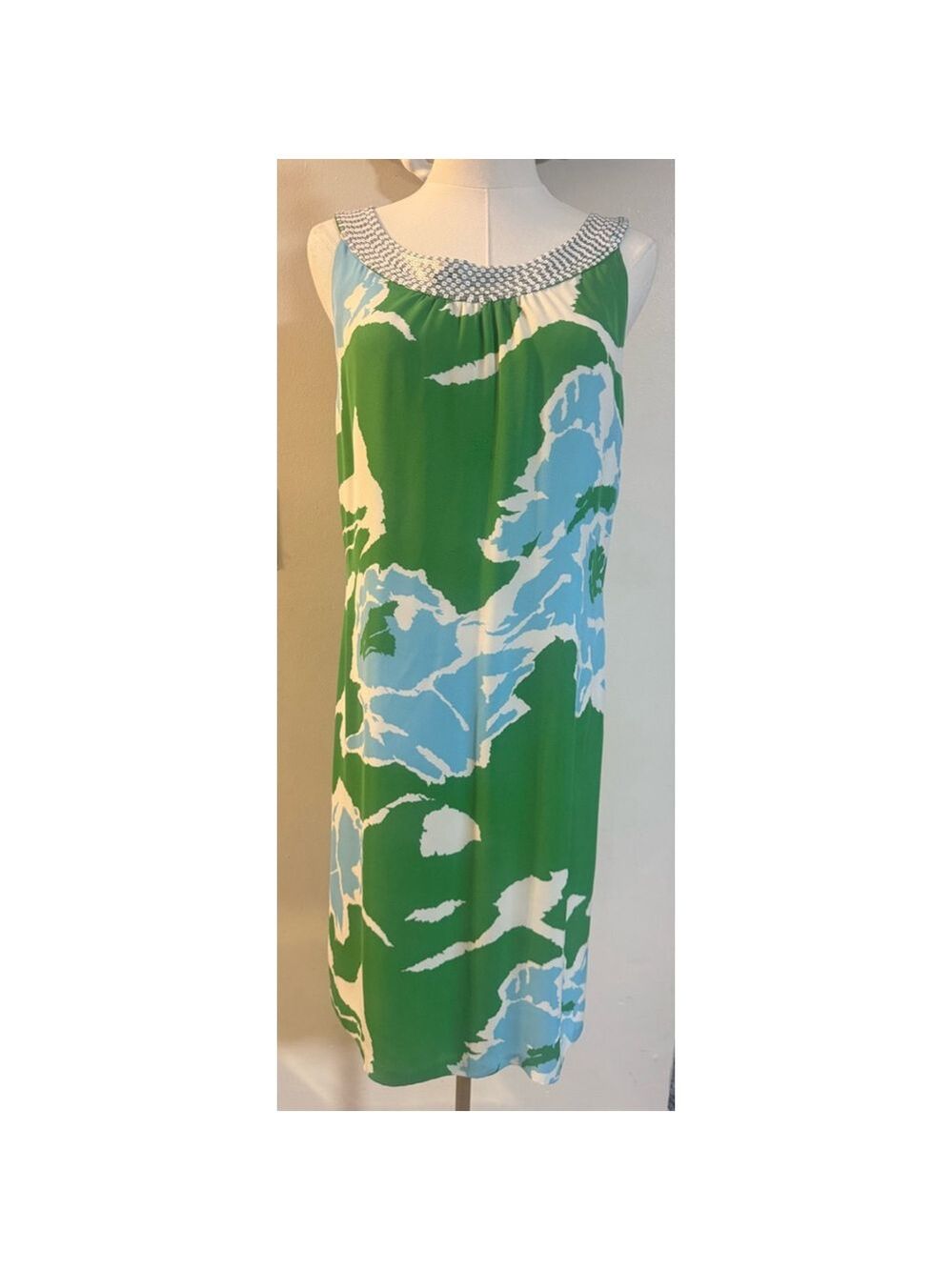 Tory Burch Silk Shift Dress – Size 12 – Sequin Neckline – Green Blue Floral Prin - Picture 2 of 7